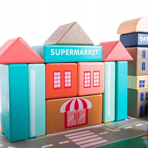 Klocki Miasto Drewniane Auta Zestaw + Puzzle Mata 115 Klocków Edukacyjne na Arena.pl