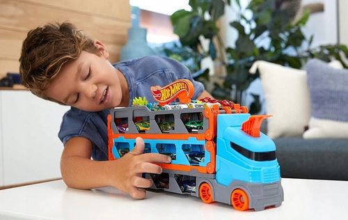 HOT WHEELS TRANSPORTER CIĘŻARÓWKA I TOR 2W1 + 3 AUTA PREZENT DLA DZIECKA na Arena.pl