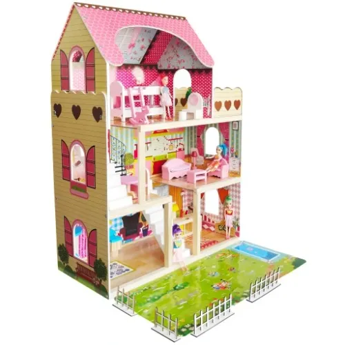 DUŻY DREWNIANY DOMEK DLA LALEK MEBLE + LALKI + LED na Arena.pl