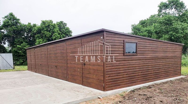 GARAŻ BLASZANY 12m x 5m poziom - spad tył 4x Brama - ciemny orzech TS224 12x5 zdjęcie 4