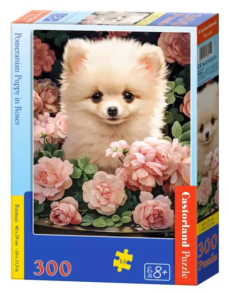 Puzzle 300 elementów. Piesek w różach zdjęcie 1