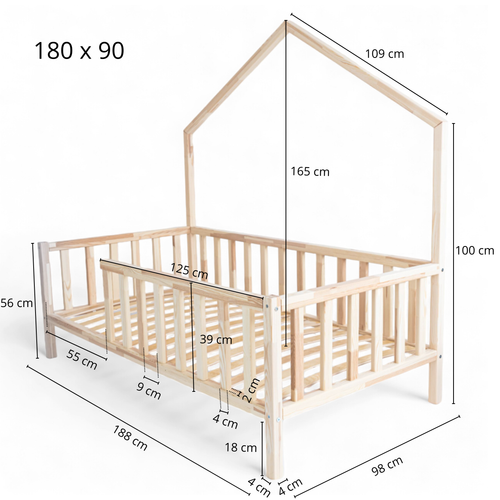 ŁÓŻKO DOMEK HANA 180x90 ŁÓŻKO DZIECIĘCE DREWNIANE BARIERKA + STELAŻ SOSNA na Arena.pl