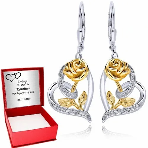 Srebrne Kolczyki 925 Wiszące Serca z Różą Grawer na Arena.pl