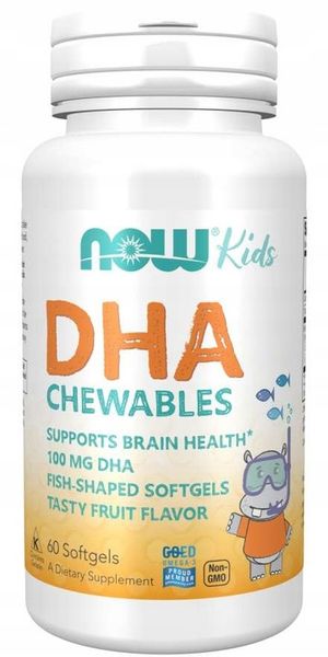 NOW Foods DHA Kid's Chewable 100mg KWASY OMEGA-3 DLA DZIECI WZROK 60kap zdjęcie 1