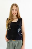 Czarna Lniana Bluzka Damska na Szerokich Ramiączkach UNI