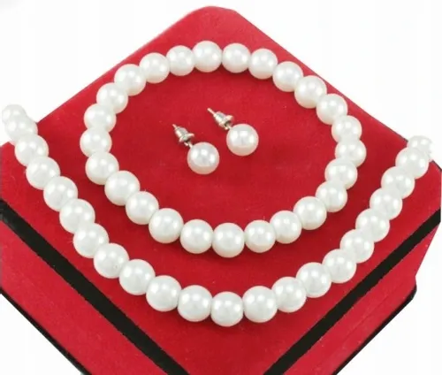 KOMPLET 3 CŻĘŚCIOWY ELEGANCKI BIAŁE PERŁY 8 mm na Arena.pl