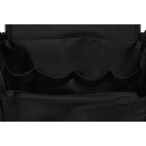 syntetyczna kosmetyczka podróżna w czarnym kolorze z haczykiem zamykana na Arena.pl