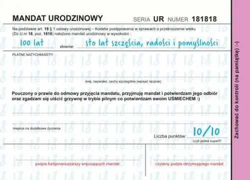 Kartka Urodzinowa - Mandat do wypisania 18 lat On na Arena.pl