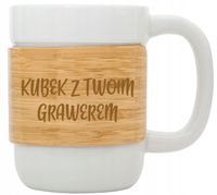 Kubek ceramiczny z bambusową opaską TWOJE LOGO NAPIS gadżet firmowy 10 szt