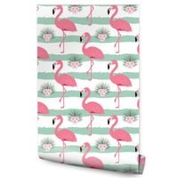 Tapeta Dla Dzieci Różowe FLAMINGI Rośliny Paski
