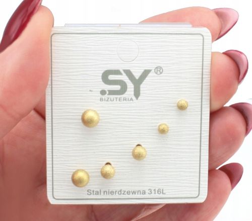KOLCZYKI SZTYFTY STAL CHIRURGICZNA 3 PARY ZŁOTE KULKI PIASKOWANE na Arena.pl