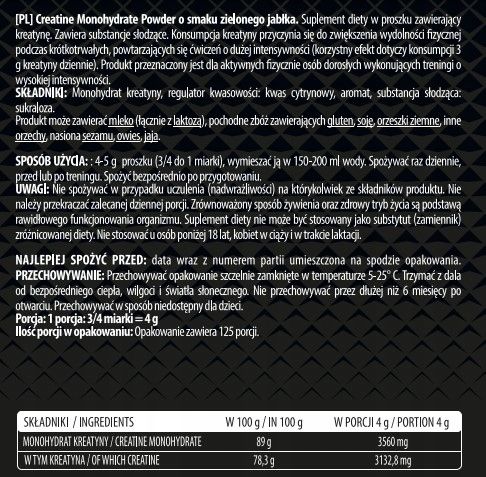 Nutrition22 Creatine Monohydrate Powder 500g green apple na Arena.pl