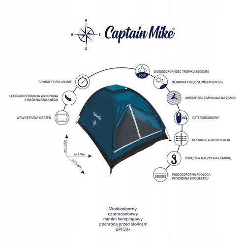 Namiot kempingowy 2 osobowy 200x140x100 cm UPF50+ Captain Mike na Arena.pl