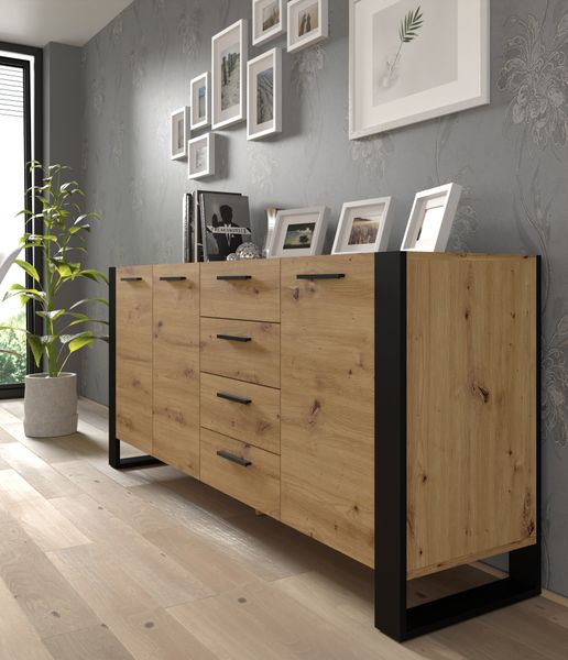 Komoda NUKA K 197 cm 4 szuflady dąb artisan czarna zdjęcie 1