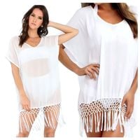 Pareo narzutka kimono tunika boho z frędzlami na lato na basen plażę biała