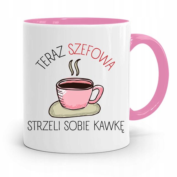 Kubek Różowy Dla Szefa Szefowa Strzeli Sobie Kawkę Z Nadrukiem Ze Zdjęciem zdjęcie 1