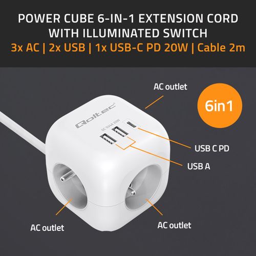 Qoltec Kostka Zasilająca 6w1, USB-C PD 20W, 2m, Biała na Arena.pl