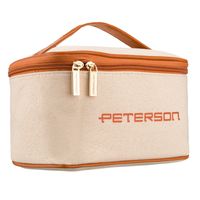 beżowo-brązowa kosmetyczka z tkaniny syntetycznej wyposażona w uchwyt,