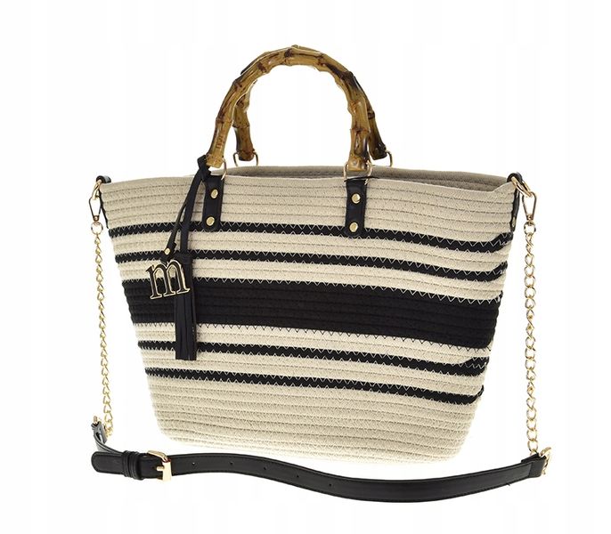 Monnari - duża torebka koszyk pleciony pasy BAG1140-020 czarny kremowy zdjęcie 1