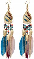 Wiszące Kolczyki Długie Pióra Boho Orientalne  B61_Kolorowy