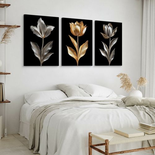 Obrazy Do Sypialni Set Złote Srebrne Kwiaty Natura Styl Glamour 90cm x 40cm na Arena.pl