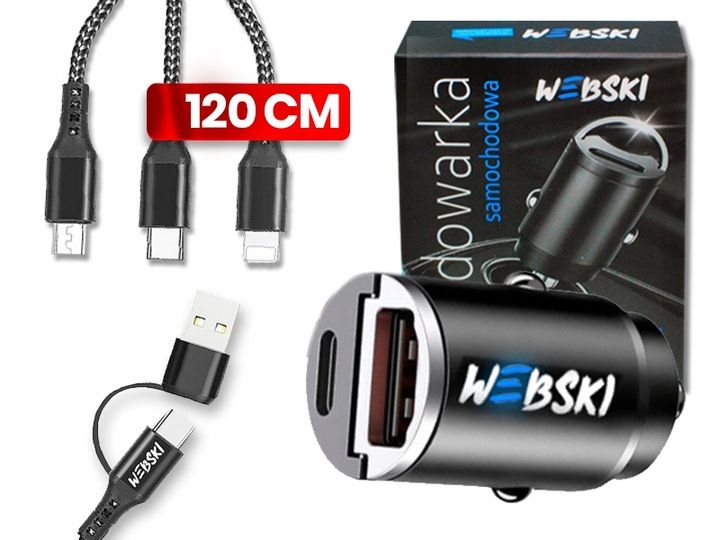 ZESTAW MAŁA MOCNA SZYBKA ŁADOWARKA DO AUTA QC3.0 PD20W Z MOCNYM KABLEM 5W1 zdjęcie 1