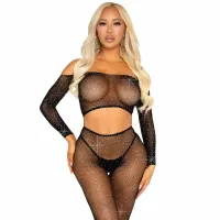 leg avenue zestaw crop top z dzianiny i legginsy z siatki z cyrkoniami