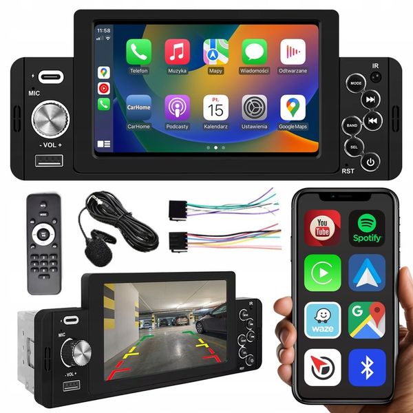 RADIO SAMOCHODOWE 1DIN BLUETOOTH 5" EKRAN DOTYK APPLE CARPLAY ANDROID AUTO zdjęcie 1