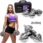 Hantle żeliwne 2x15kg WALIZKA regulowane chromowane zestaw talerze