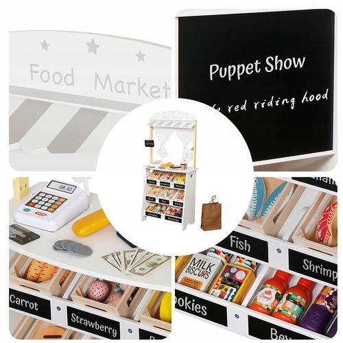 DREWNIANY STRAGAN TEATRZYK MINI MARKET SKLEP WARZYWNIAK Z AKCESORIAMI na Arena.pl