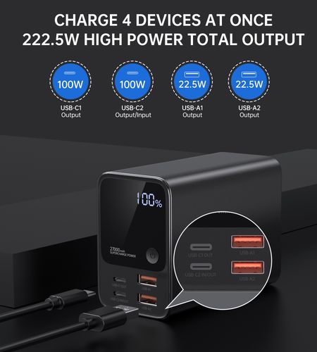 Powerbank stacja zasilania 27000 mAh 2x USB-A 2x USB-C 100W - czarny na Arena.pl