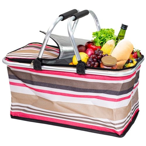 Kosz Piknikowy Termiczny Na Zakupy Duży 30 Litrów Składany Różowe Paski na Arena.pl