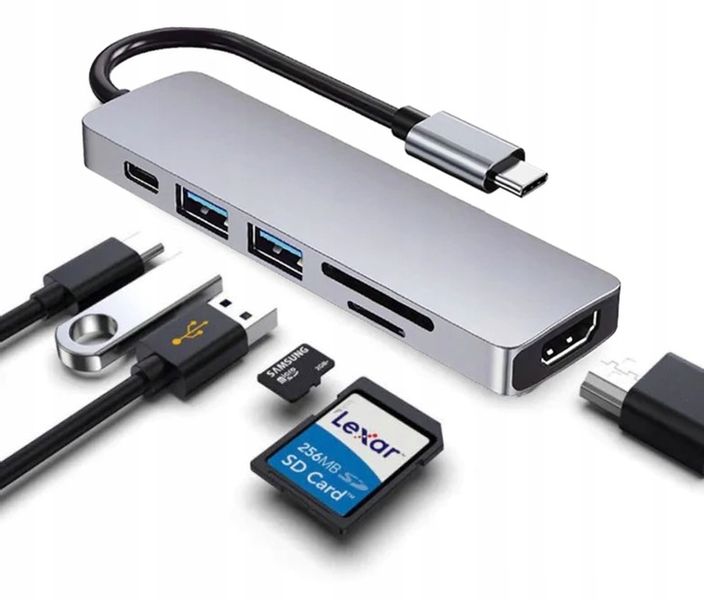 Adapter 6w1 HUB USB-C HDMI 4K SD Macbook Pro / Air zdjęcie 1