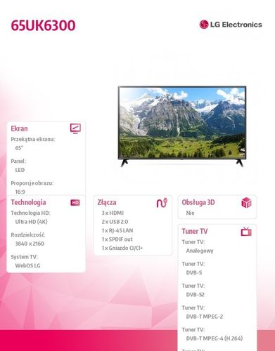 LG Electronics Telewizor 4K 65 65UK6300 na Arena.pl