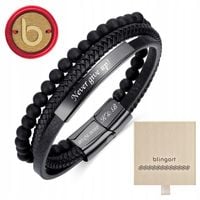 Bransoletka męska z grawerem skórzana czarna koraliki potrójna BLINGART