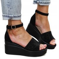 Czarne sandały damskie na koturnie ażurowe lekkie BE9054 r.39