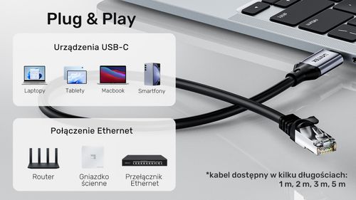 Unitek Kabel Ethernet USB C RJ-45 LAN, przewód sieciowy, 3m na Arena.pl