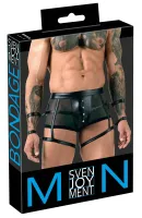 svenjoyment bondage xl - czarne spodnie z mankietami na ręce i nogi