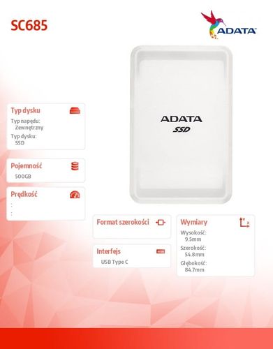 Adata Dysk SSD EXTERNAL SC685 500G USB3.2-A/C White na Arena.pl