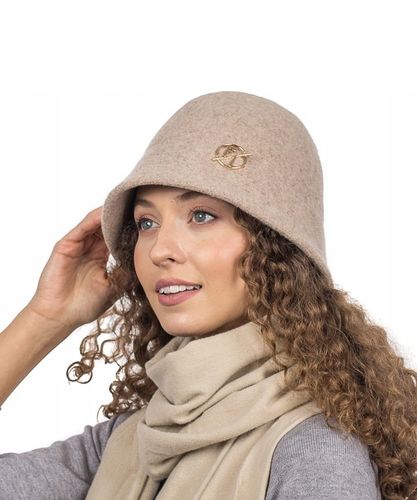 Jasnobeżowy Kapelusz Bucket Czapka Damski Wełniany Elegancki Gładki na Arena.pl