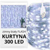 Kurtyna świetlna 300 LED biały zimny + flash bez haczyków