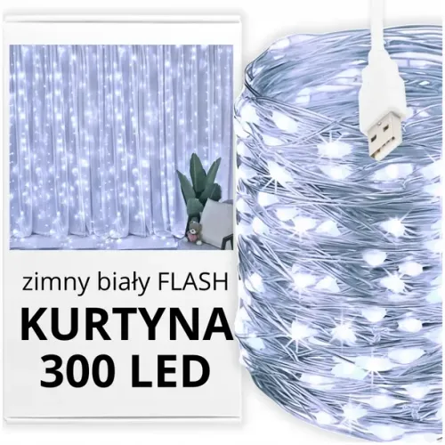Kurtyna świetlna 300 LED biały zimny + flash bez haczyków na Arena.pl