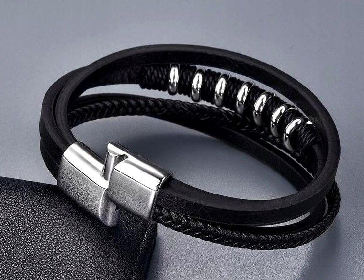 Czarna Bransoletka Punk Warkocz Męska Stal Skóra zdjęcie 5