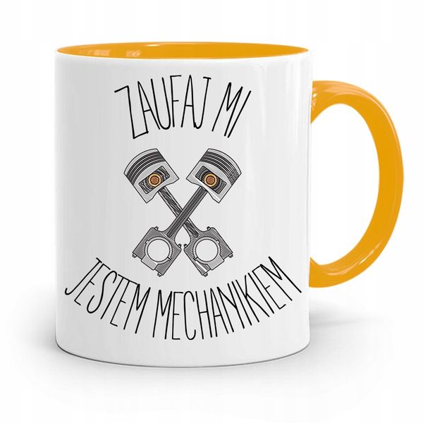 Kubek Żółty Mechanika Zaufaj Mi Jestem Mechanikiem Z Nadrukiem Ze Zdjęciem zdjęcie 1