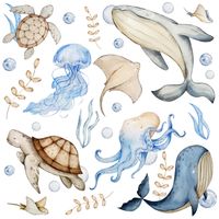Naklejki Ścienne Morskie Zwierzęta Wieloryby Ośmiornice ZESTAW 60cm x 30cm