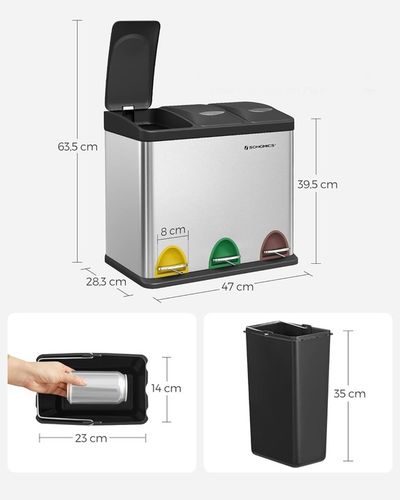 Kosz na śmieci odpady METALOWY 3 KOMORY do segregacji recykling 24l srebrny na Arena.pl