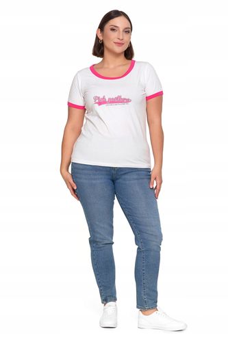 T-shirt Koszulka Damska Bawełna Slim Fit z Napisami Biło-Różowy MORAJ - XXL na Arena.pl