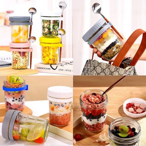 Zestaw 4 Słoiki Pojemniki do Owsianki 470 ml ze Sztućcami Widelce Łyżki na Arena.pl