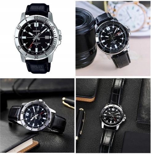 ZEGAREK MĘSKI CASIO MTP-VD01 skórzany datownik czarny + BOX +GRAWER na Arena.pl