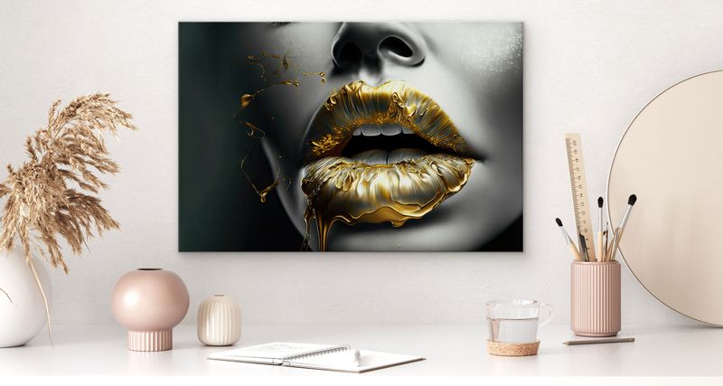Obraz Na Płótnie ABSTRAKCYJNE Złote Usta Twarz Kobiety Efekt 3D 120cm x 80cm zdjęcie 2